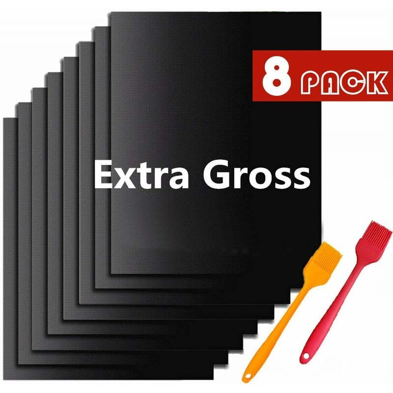 Langray - Barbecue mat, Barbecue utensil, Barbecue and plancha, bbq sheets Non-stick, Reusable Cleanable - (8pcs, Black) 33X40cm + bbq brush 2