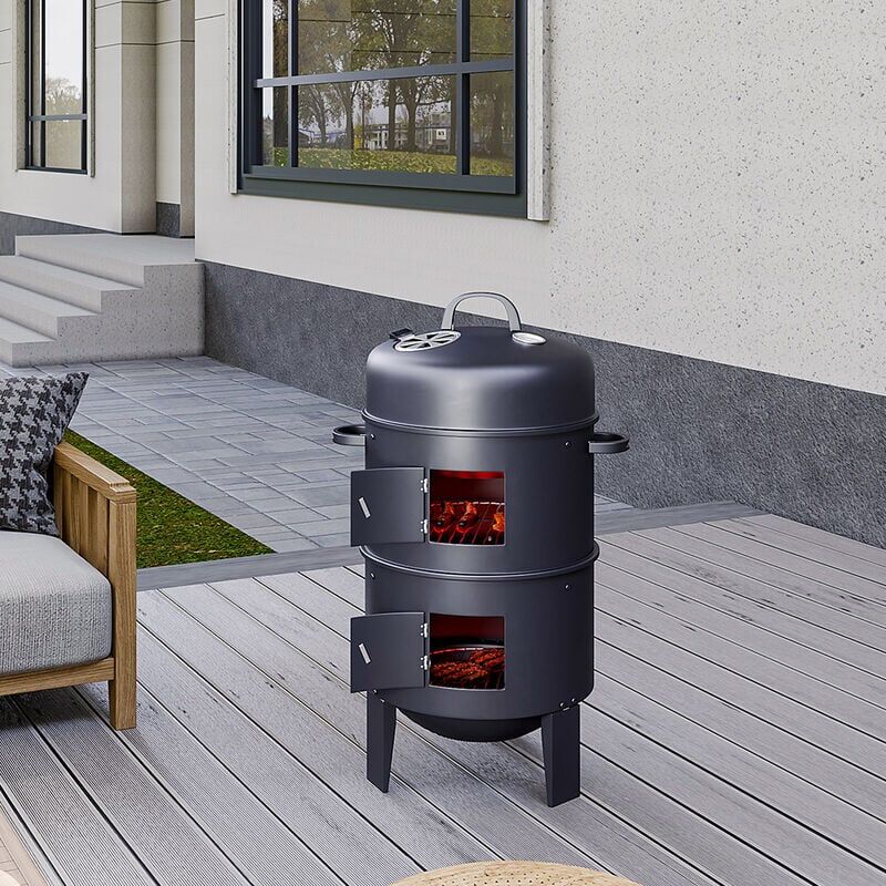 LIVINGANDHOME Black Barbecue Smoker Barrel