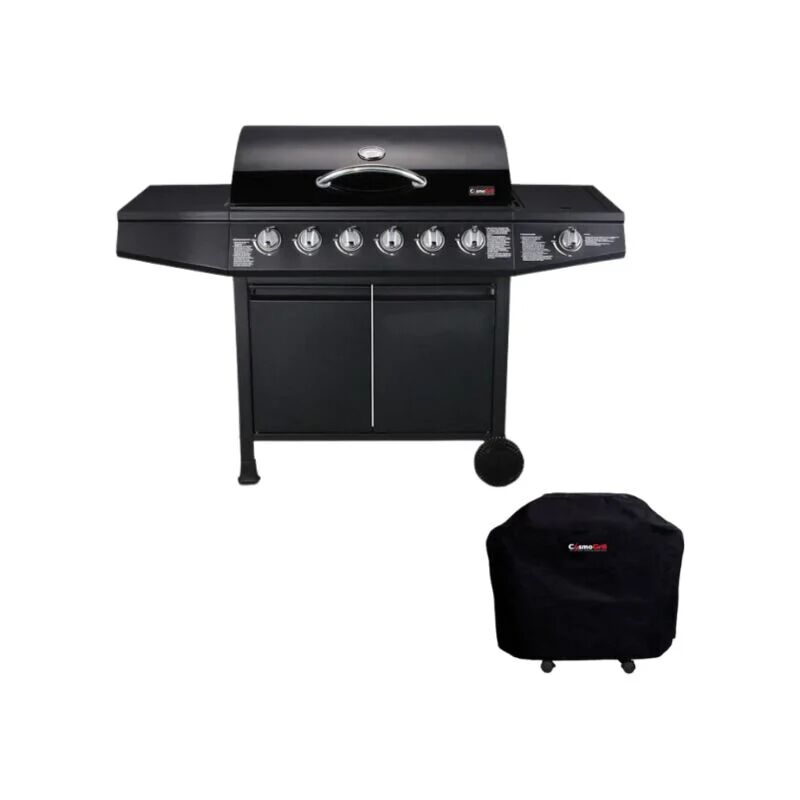 COSMOGRILL ™ CosmoGrill Outdoor 6+1 Gas Barbecue with Side Ring Burner & Weatherproof Cover Original Series BBQ - Black