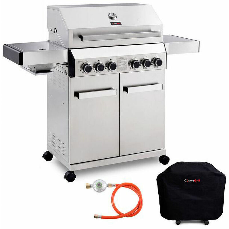 COSMOGRILL ™ CosmoGrill Barbecue 4+2 Platinum Stainless Steel Gas Grill BBQ (Silver With Cover)