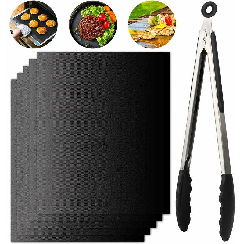 LANGRAY Cooking Mat, Set of 5 Barbecue Mats 40x33cm Non-stick and Reusable Barbecue Mat for Gas Barbecue Electric Charcoal (+ 1 Barbecue Tongs) - Noir
