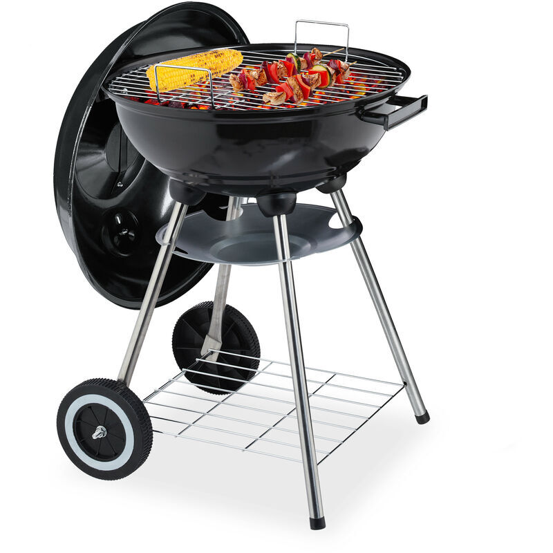 Steel Barbecue, with Lid & Shelf, Portable on Wheels, Garden & Camping, Grill ∅ 40 cm, Charcoal & Wood, Black - Relaxdays