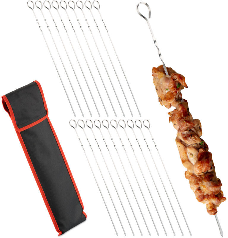 Barbecue Skewers, Stainless Steel, Set of 20, with Bag, Kebab Meat & Vegetables, 39 cm Length, Metal, Silver - Relaxdays