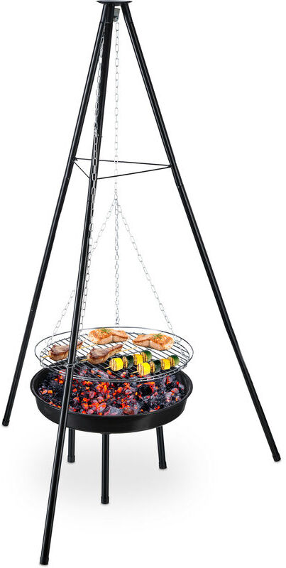 Tripod Barbecue, Hanging Grill with Fire Bowl, Steel, 49 cm, Height Adjustable, bbq, HxD: 148 x 105 cm, Black - Relaxdays