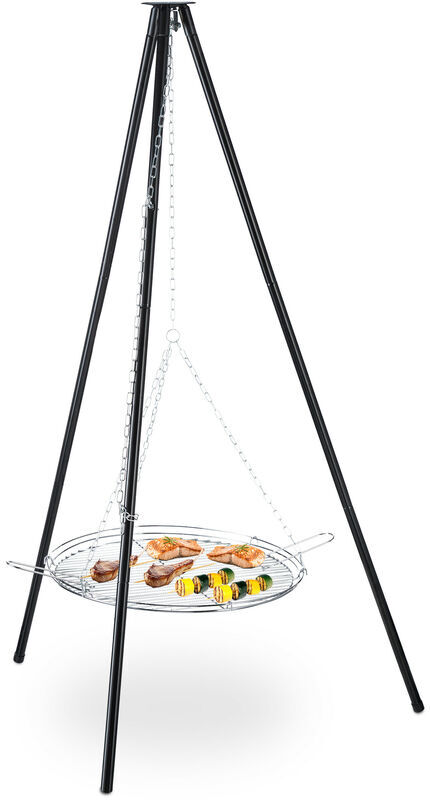 Tripod Barbecue, Hanging Grill with Fire Bowl, Steel, 52 cm, Height Adjustable, bbq, HxD: 151 x 100 cm, Black - Relaxdays