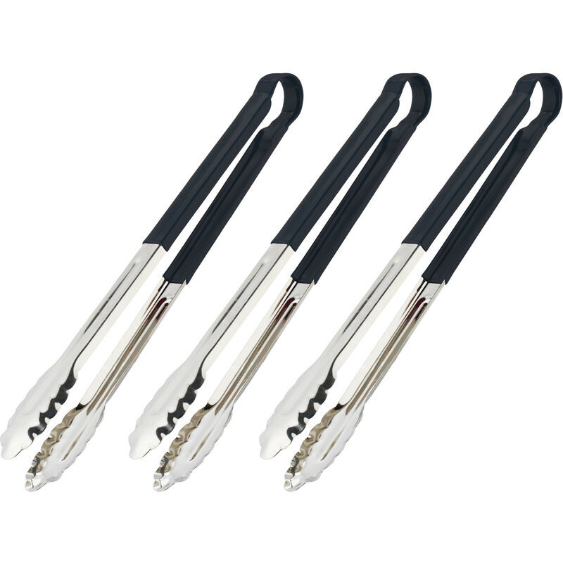 Set of 3 Barbecue Tongs, Stainless Steel, Non-Slip Handle, 40cm Long Cooking for bbq & Kitchen, Silver/Black - Relaxdays