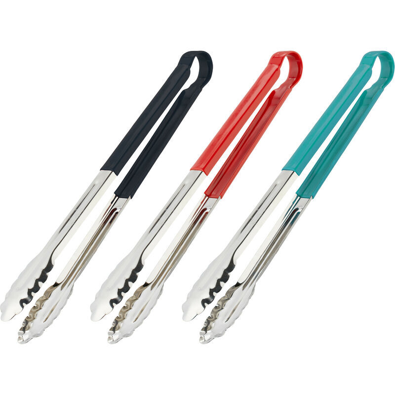 Set of 3 Barbecue Tongs, Stainless Steel, Non-Slip Handle, 40cm Long Cooking for Barbecue & Kitchen, Colourful - Relaxdays