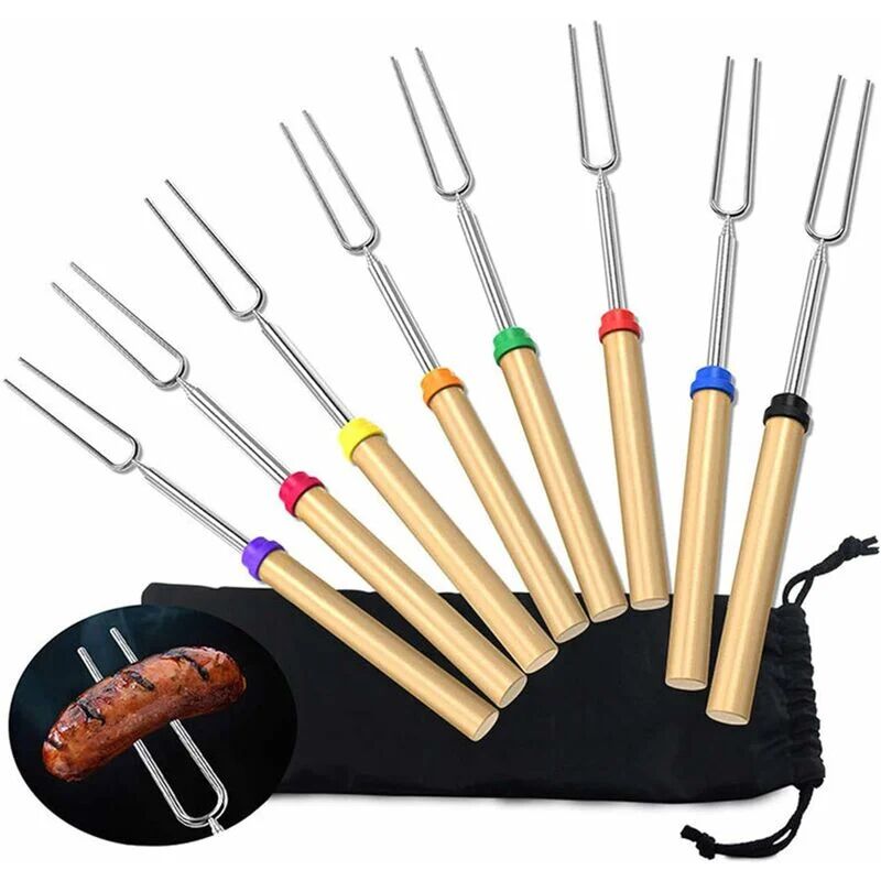 8 Stainless Steel Barbecue Skewers, 80cm Telescopic Barbecue Fork Extendable Wood Handle Roasting Sticks for bbq Hot Dog Forks - Rhafayre