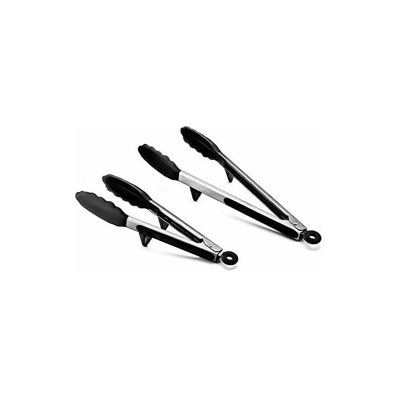 HIASDFLS Set of 2 Professional Kitchen Tongs, Barbecue Tongs in Stainless Steel and Food Grade Silicone, Heat Resistant Kitchen Tongs- 30cm/23cm - Black