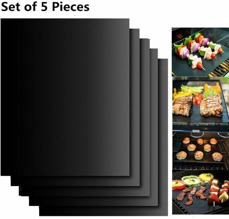 HOOPZI Set of 5 Cooking Mats bbq Mat Barbecue Plate Baking Sheet Oven 40 33cm for Gas Barbecue Electric Charcoal 100% Non-stick