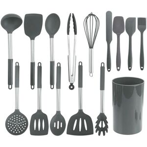 15 Pcs Silicone Cooking Utensil Set with Holder, Heat Resistant, Includes Spoons, Spatula, Ladle, Tongs, Non-Stick Cooking Utensils, Gray Groofoo