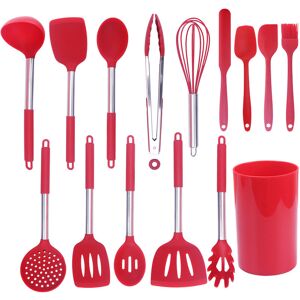 Groofoo - 15 Pcs Silicone Cooking Utensil Set with Holder, Heat Resistant, Includes Spoons, Spatula, Ladle, Tongs Non-Stick Cooking Utensils, Red