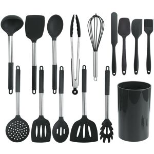 Groofoo - 15 Piece Silicone Cooking Utensil Set with Holder, Heat Resistant, Includes Spoons, Spatula, Ladle, Tongs, Non-Stick Cooking Utensils, Black