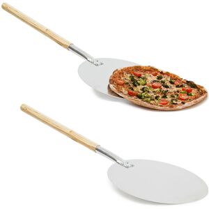 Relaxdays 2x Round Pizza Shovel 30.5 cm x 79 cm, Paddle Oven, Long Handle, Aluminium Lifter Baking Peel Paddle, Wood