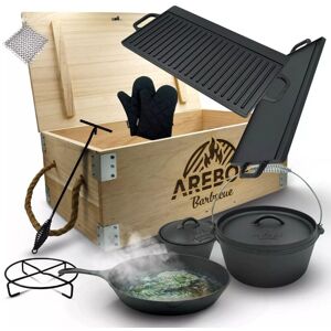 Dutch Over bbq Set made of cast iron with wooden box including protective glove - black - Arebos