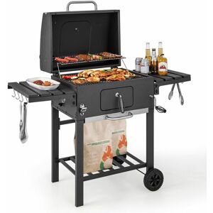 COSTWAY Camping Charcoal Grill bbq Smoker Combo w/2 Wheels & 2 Foldable Side Tables