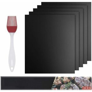 LANGRAY Cooking Mats, Set of 5 bbq Cooking Mats Silicone Brush Barbecue Oven - 40cm 33cm - Non-stick Grill Reusable Cooking Mats Gas Barbecue - Noir