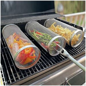 3pcs Grill Basket Roll bbq, Cylinder Stainless Steel Mesh Grill Basket Portable Outdoor Grill Grill 20x9mm - Groofoo