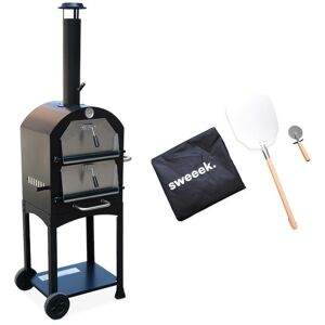 SWEEEK Outdoor pizza oven, multifunction charcoal grill - Calzone - cooking stone with castor, shovel and cover - Black