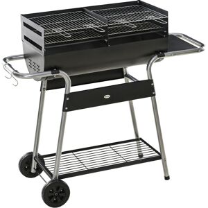 Outsunny - Charcoal bbq Grill with Double Grill, Table, Storage Shelf and Wheels - Black