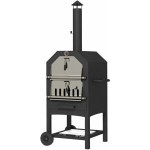 Outdoor Pizza Oven Charcoal Grill with Rain Cover, Shelf and Wheels - Black - Outsunny