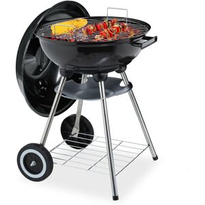 Steel Barbecue, with Lid & Shelf, Portable on Wheels, Garden & Camping, Grill ∅ 40 cm, Charcoal & Wood, Black - Relaxdays