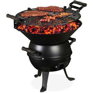 Charcoal bbq, cast iron and steel, height adjustable cooking grill, portable barbeque, barbecue, black - Relaxdays