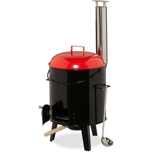 Field kitchen, enamelled pot with lid, 14 l capacity, with cooking grid, outdoor, black/red - Relaxdays