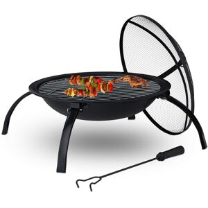 Relaxdays Fire Bowl, Spark Protection, Grill & Wood Grate, Poker, Garden & Terrace, Ø 55.5 cm, Outdoors Barbeque, Black