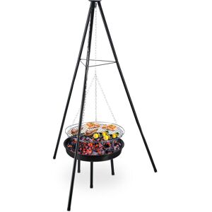 Tripod Barbecue, Hanging Grill with Fire Bowl, Steel, 49 cm, Height Adjustable, bbq, HxD: 148 x 105 cm, Black - Relaxdays