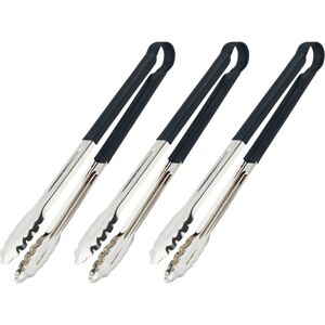 Set of 3 Barbecue Tongs, Stainless Steel, Non-Slip Handle, 40cm Long Cooking for bbq & Kitchen, Silver/Black - Relaxdays