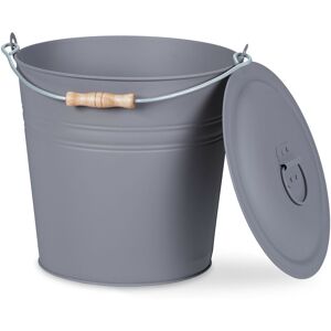 Relaxdays Ash Bucket with Lid, 12 l, Charcoal Bin with Handle, Round, Fireplace/Stove/Barbecue, HWD: 30x33x31.5 cm, Grey