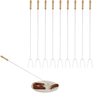 Skewers, Set of 10, 80 cm, Wooden Handle, Grill Vegetables, Meat & Marshmallows, for Campfires, Silver/Natural - Relaxdays