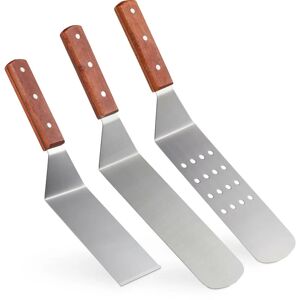 Grill Spatula, Stainless Steel, 3x Set, Professional Barbecue Accessories, 2x Scrapers, 1x Flipper, Red/Brown - Relaxdays
