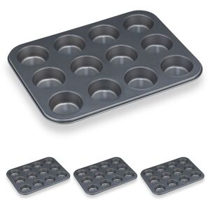 Relaxdays - Set of 4 Muffin Trays, Tins for 12 Cupcakes, Non-stick Coated, Baking Desserts, Carbon Steel, ø 6.5 cm, Grey