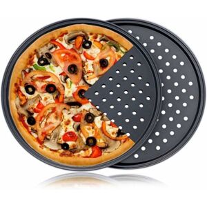 RHAFAYRE Set of 2 Round Non-Stick Perforated Pizza Molds in Black Carbon Steel, High Temperature Resistant Grid, Ideal Support for Pie, Quiche, Pizza, Pastry,