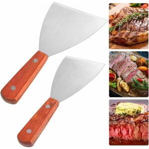 Wooden Handle Spatula, Stainless Barbecue Spatula, Spatula for Grilling Teppanyaki Meat and Cleaning the Drip Pan 2 Pieces, 22x10cm - Rhafayre