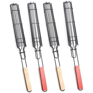 TLILY 4PCS Hot Dog Barbecue Grill Wooden Handle Sausage Barbecue Cage Non-stick Barbecue Mesh Clip Sausage Clip