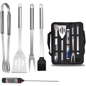 LINGHHANG 5 Piece BBQ Utensil Set with Thermometer, Stainless Steel Carry Bag, Barbecue Accessories, Camping