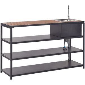 Beliani - Outdoor Garden Kitchen Island with Sink Single Lever Spout Shelves Steel Light Wood Top 159 x 50 x 91 cm Black Avetrana Beliani - Outdoor Garden Kitchen Island with Sink Single Lever Spout Shelves Steel Light Wood Top 159 x 50 x 91 cm Black Avetrana