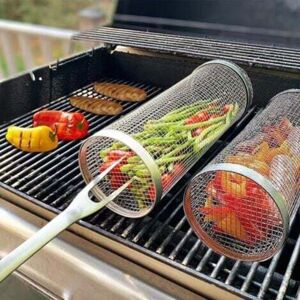 Pieces 20cm Stainless Steel Mesh Grill Basket, Round Grill Cage, Rotating Drum, Portable Grill Mesh Pieces 20cm Stainless Steel Mesh Grill Basket, Round Grill Cage, Rotating Drum, Portable Grill Mesh