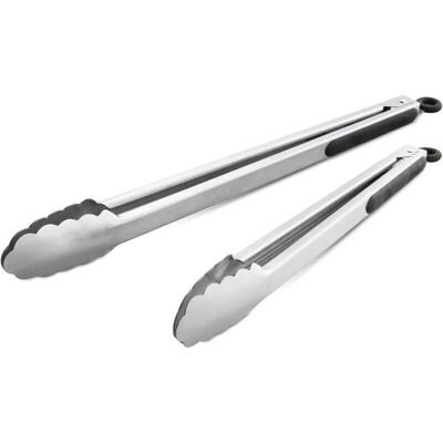 SNQ 304 Stainless Steel Kitchen Tongs, One of Each (27cm & 34.5cm), Set of 2 Heavy Duty Grill Tongs for Brushed Grill Surfaces, Ergonomic Handles, Black SNQ 304 Stainless Steel Kitchen Tongs, One of Each (27cm & 34.5cm), Set of 2 Heavy Duty Grill Tongs for Brushed Grill Surfaces, Ergonomic Handles, Black