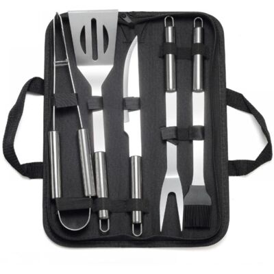 WOIYIC Stainless Steel Barbecue Tools: Tongs, Meat Fork, Basting Brush, Spatula, Knife + Carrying Bag For Picnics, Camping, Barbecues WOIYIC Stainless Steel Barbecue Tools: Tongs, Meat Fork, Basting Brush, Spatula, Knife + Carrying Bag For Picnics, Camping, Barbecues