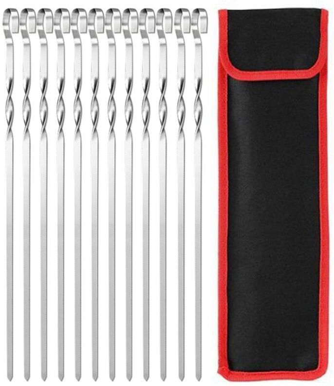 TLILY 12PCS 43cm Stainless Steel Twisted Barbecue Skewer Outdoor bbq Beef Lamb and Chicken Skewers bbq Barbecue Pin with Bag