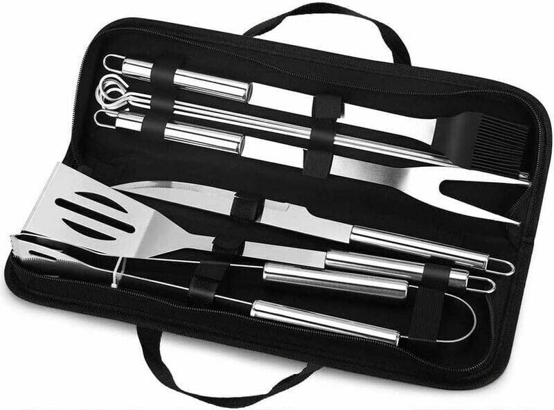 HOOPZI 4PCS bbq Utensils, Premium Stainless Steel bbq Accessories with Wooden Handle, Portable bbq Kit with Bag for Camping Travel Garden, Gifts for Men