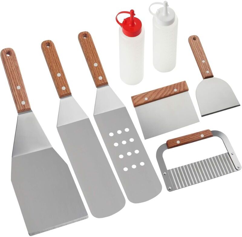 AOUGO 8 Piece bbq Accessory Kit - Professional Stainless Steel bbq Spatulas - Great for Teppanyaki, Grilling and Griddles - Grill Gift for Dad Men Women