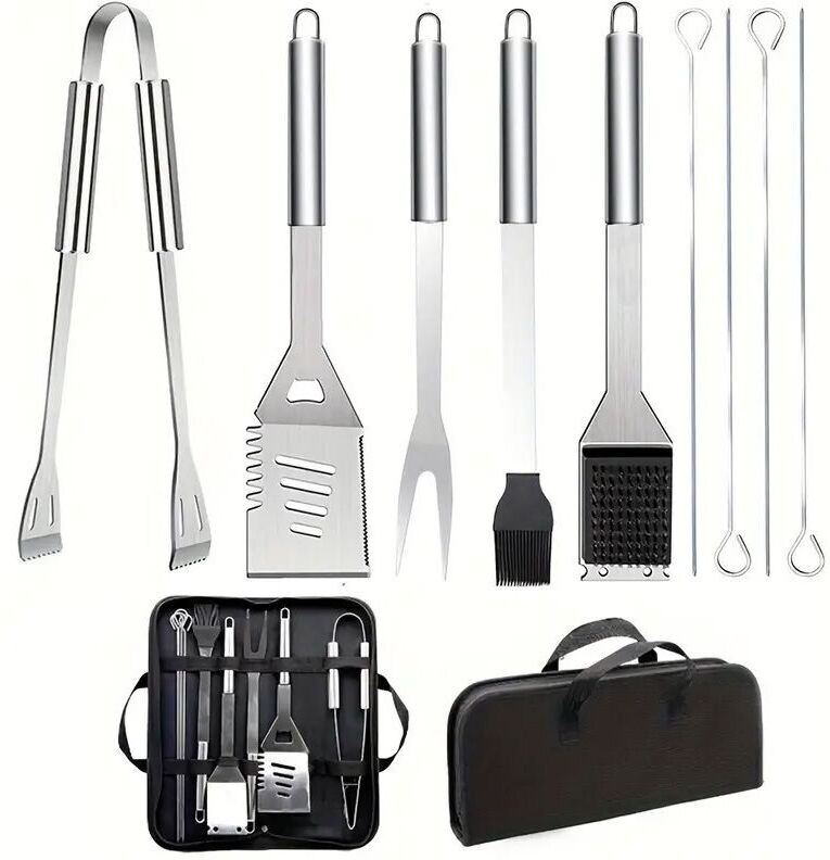SJQKA 9-Piece Stainless Steel bbq Utensil Set with Carry Bag, Shovel, Wire Brush, Tongs and Fork, Outdoor Cooking and Camping Accessories