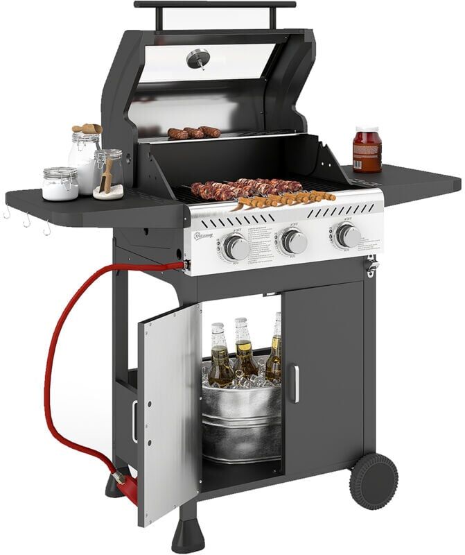 Outsunny 3 Burner Propane Gas BBQ Grill with See-through Lid and Thermometer