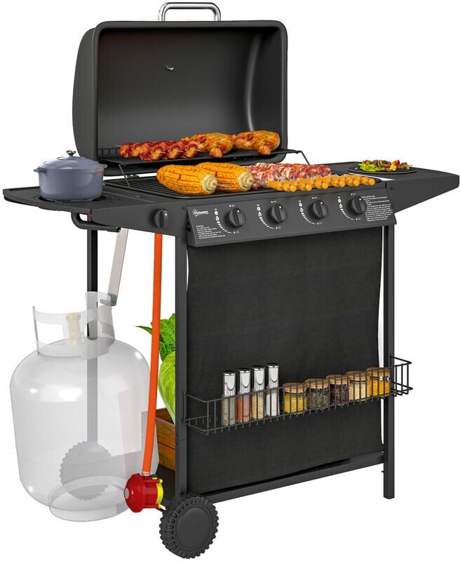 Outsunny - 5 Burner Gas Barbecue Grill Portable Gas bbq Grill with Lid, Black