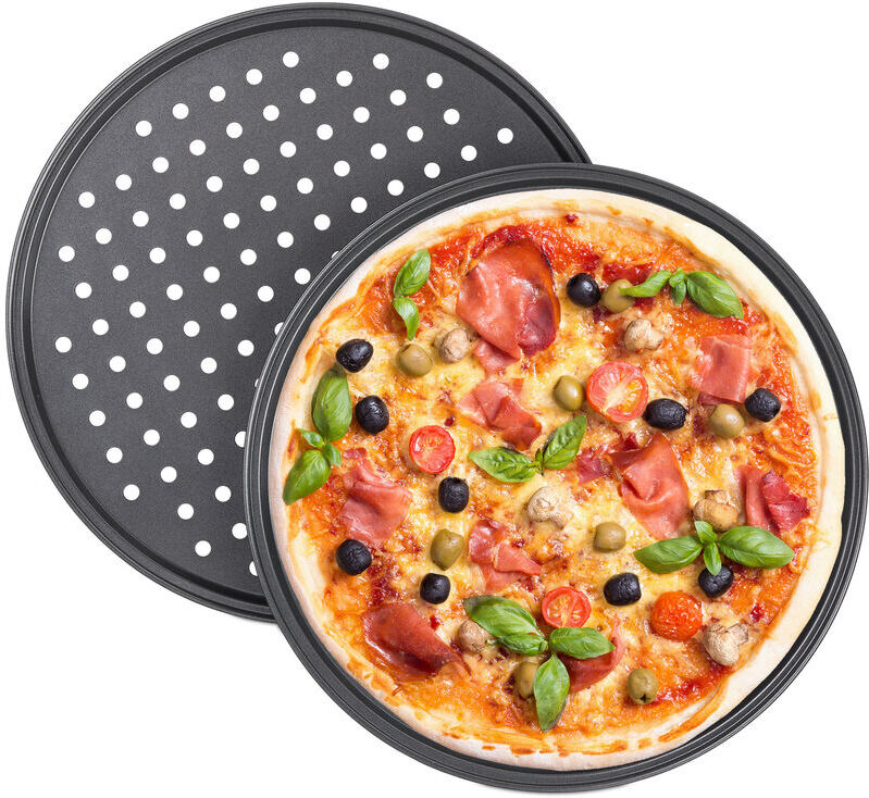 Relaxdays - Pizza Tray, Set Of 2, Round, With Holes, Nonstick, Tarte Flambée, Carbon Steel, Dough Tray, ∅ 32 cm, Grey